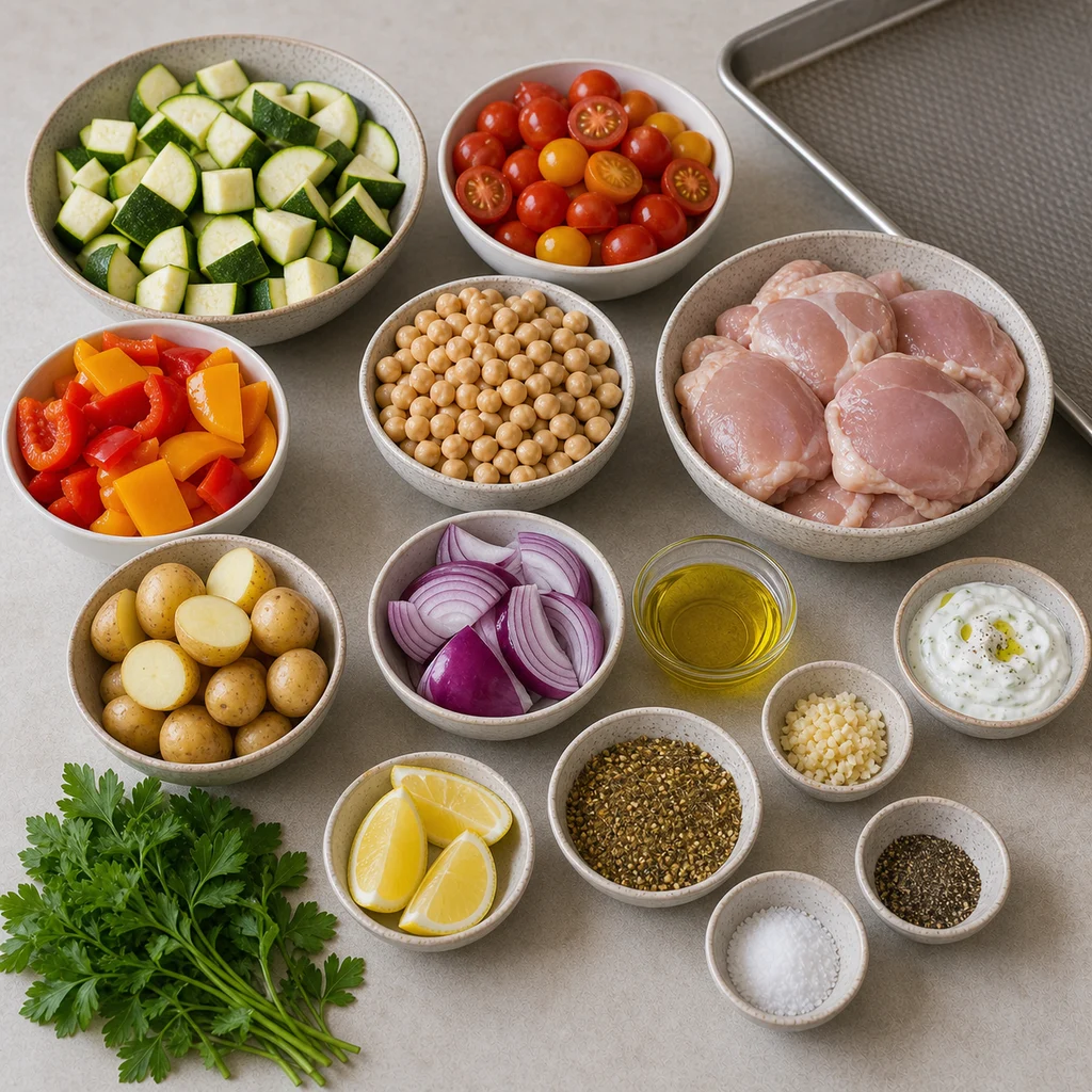 Ingredients for Sheet Pan Za’atar Chicken and Roasted Vegetable Traybake