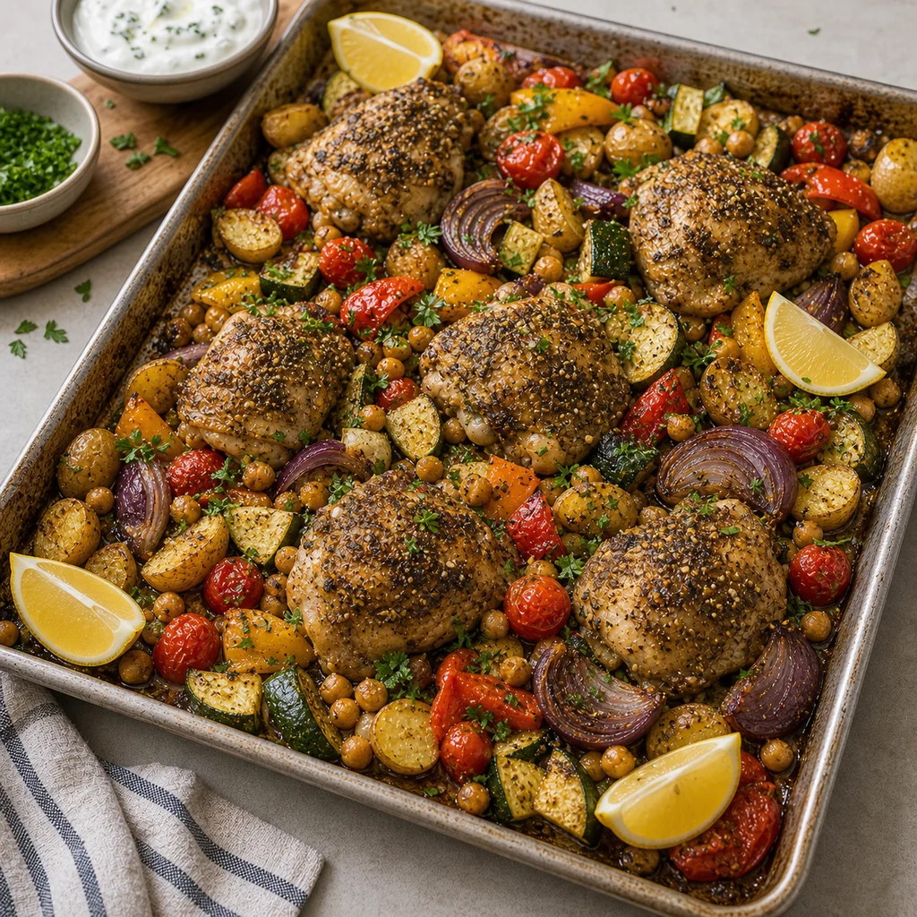 Sheet Pan Za’atar Chicken and Roasted Vegetable Traybake cooking in the recommended pan or pot