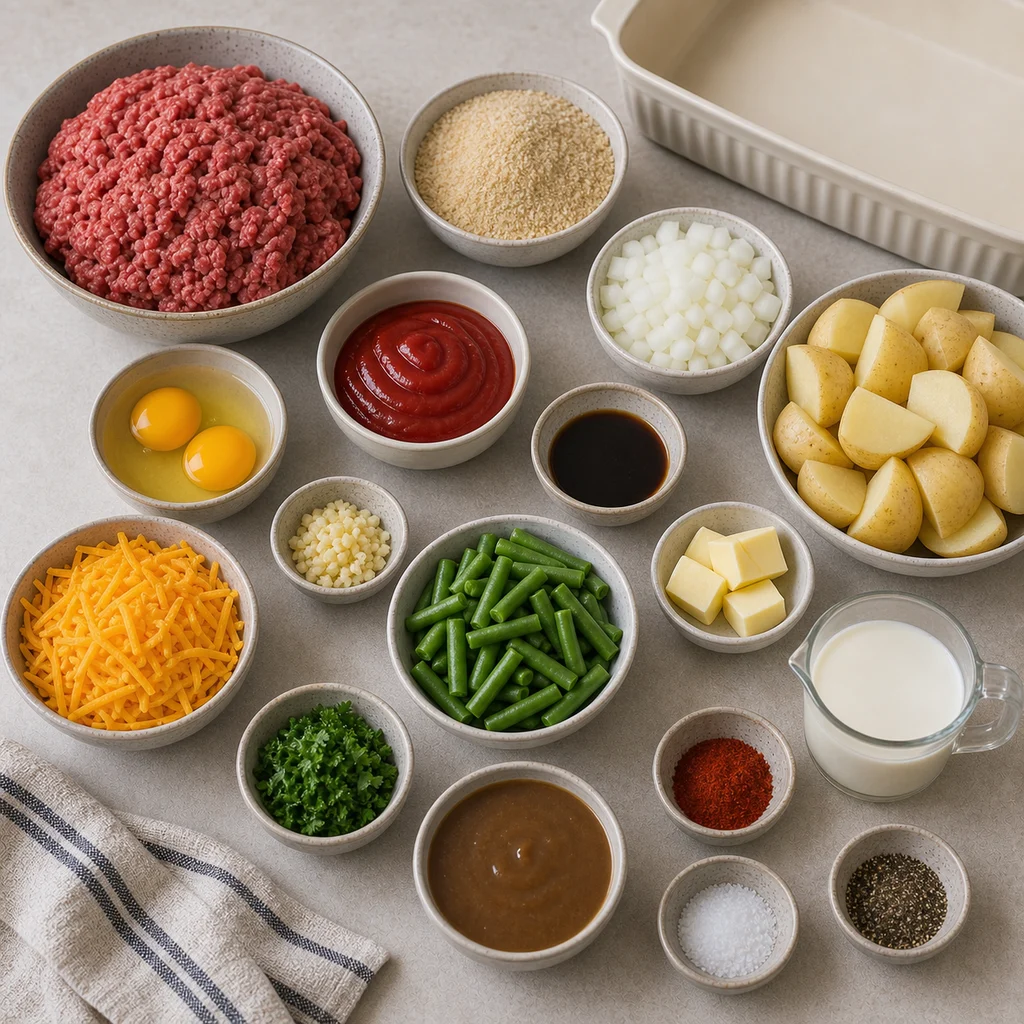 Ingredients for Classic American Meatloaf Casserole with Mashed Potatoes