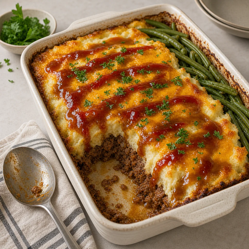 Classic American Meatloaf Casserole with Mashed Potatoes cooking in the recommended pan or pot