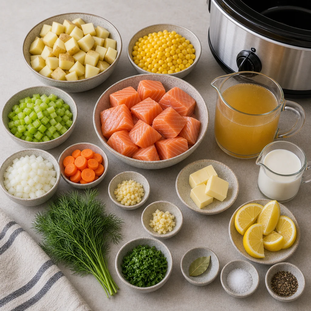 Ingredients for Slow Cooker Lemon Dill Salmon Chowder