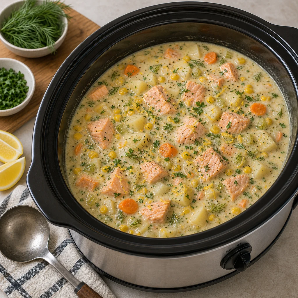 Slow Cooker Lemon Dill Salmon Chowder cooking in the recommended pan or pot