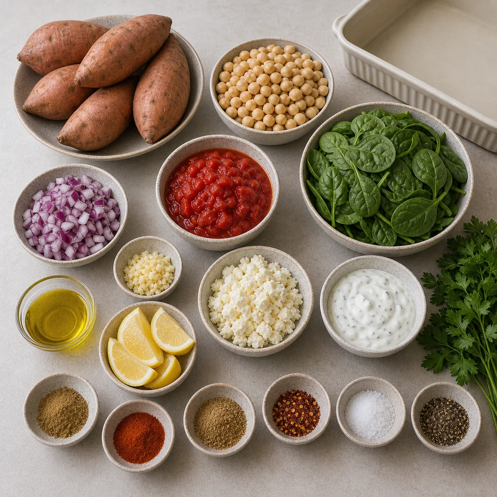Ingredients for Hearty Chickpea and Spinach Stuffed Sweet Potato Bake