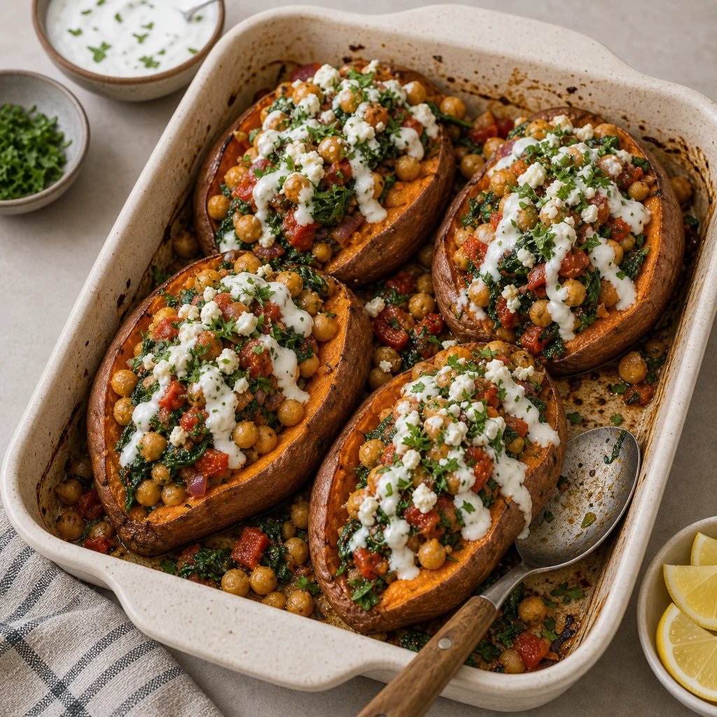 Hearty Chickpea and Spinach Stuffed Sweet Potato Bake cooking in the recommended pan or pot