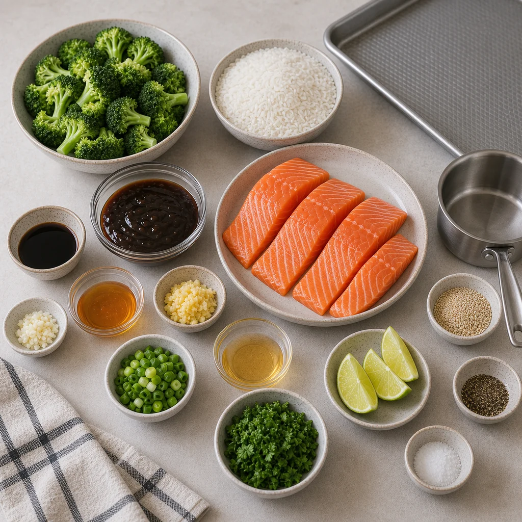 Ingredients for One-Pan Teriyaki Glazed Salmon with Roasted Broccoli and Jasmine Rice