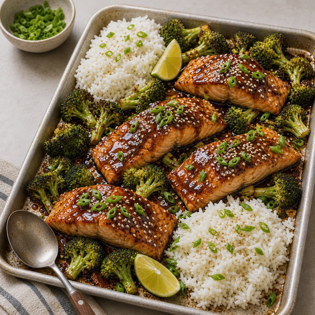 One-Pan Teriyaki Glazed Salmon with Roasted Broccoli and Jasmine Rice cooking in the recommended pan or pot