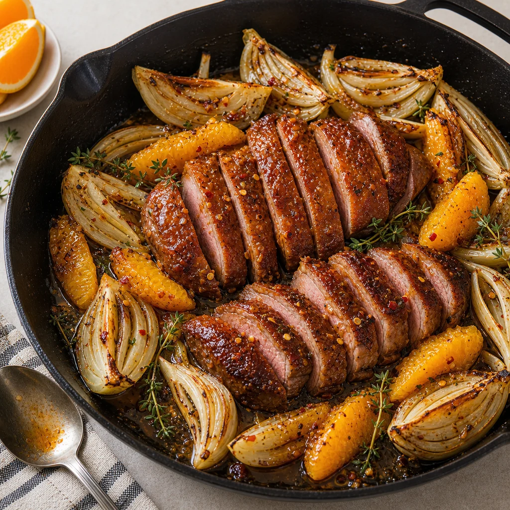 One-Pan Spicy Orange-Glazed Duck Breast with Roasted Fennel Recipe cooking in the recommended pan or pot