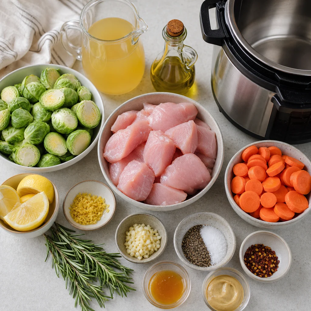 Ingredients for Instant Pot Lemon Rosemary Turkey with Brussels Sprouts and Carrots