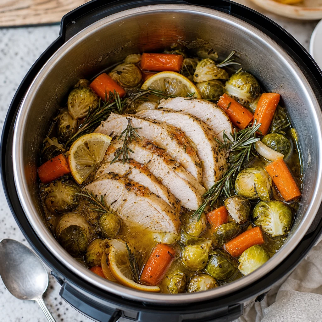 Instant Pot Lemon Rosemary Turkey with Brussels Sprouts and Carrots cooking in the recommended pan or pot