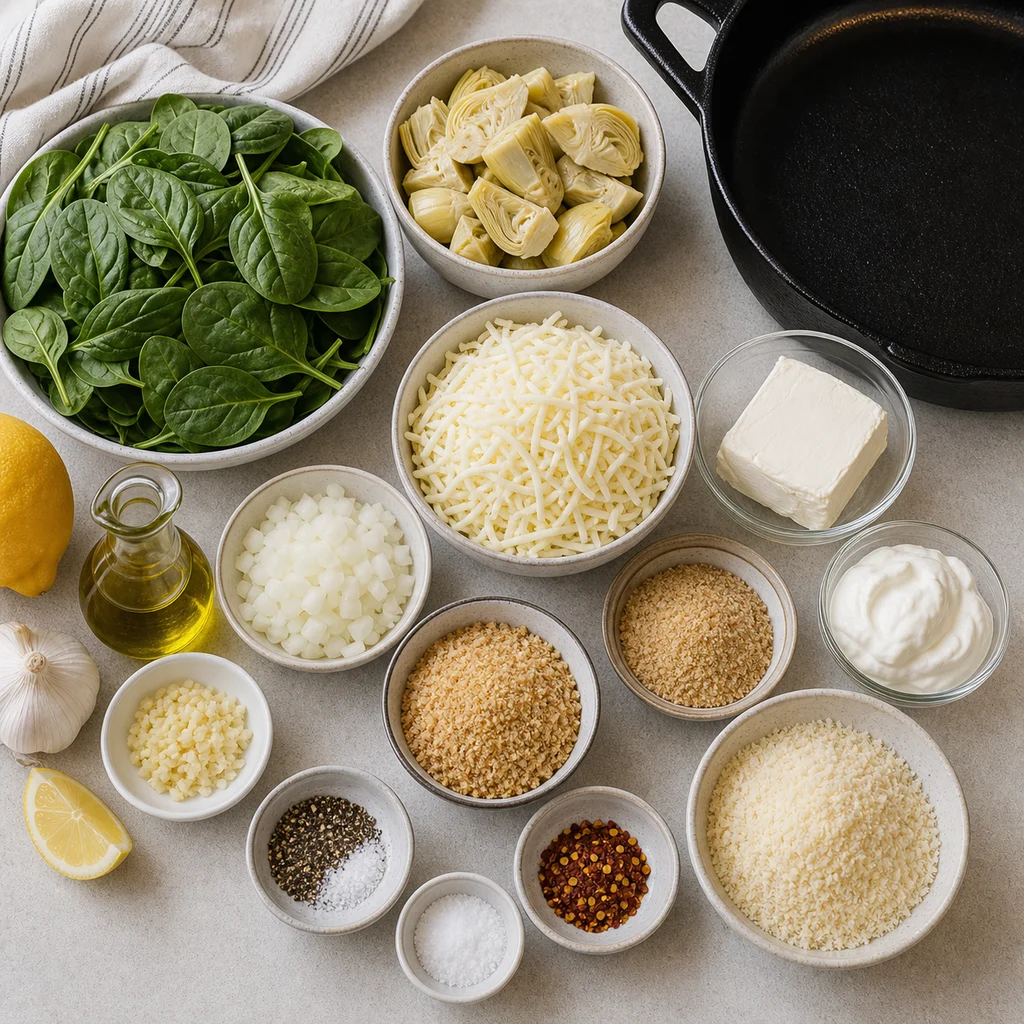Ingredients for Vegetarian Spinach and Artichoke One-Pan Skillet Bake