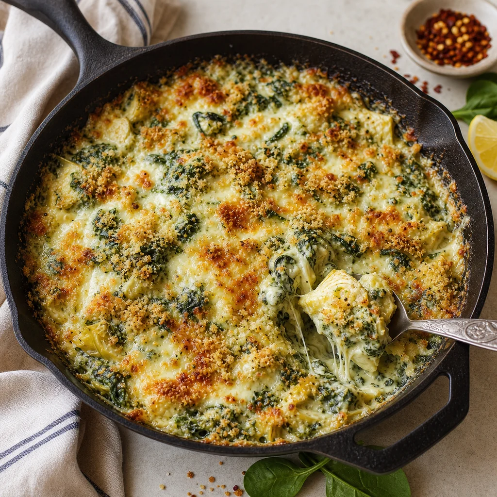 Vegetarian Spinach and Artichoke One-Pan Skillet Bake cooking in the recommended pan or pot