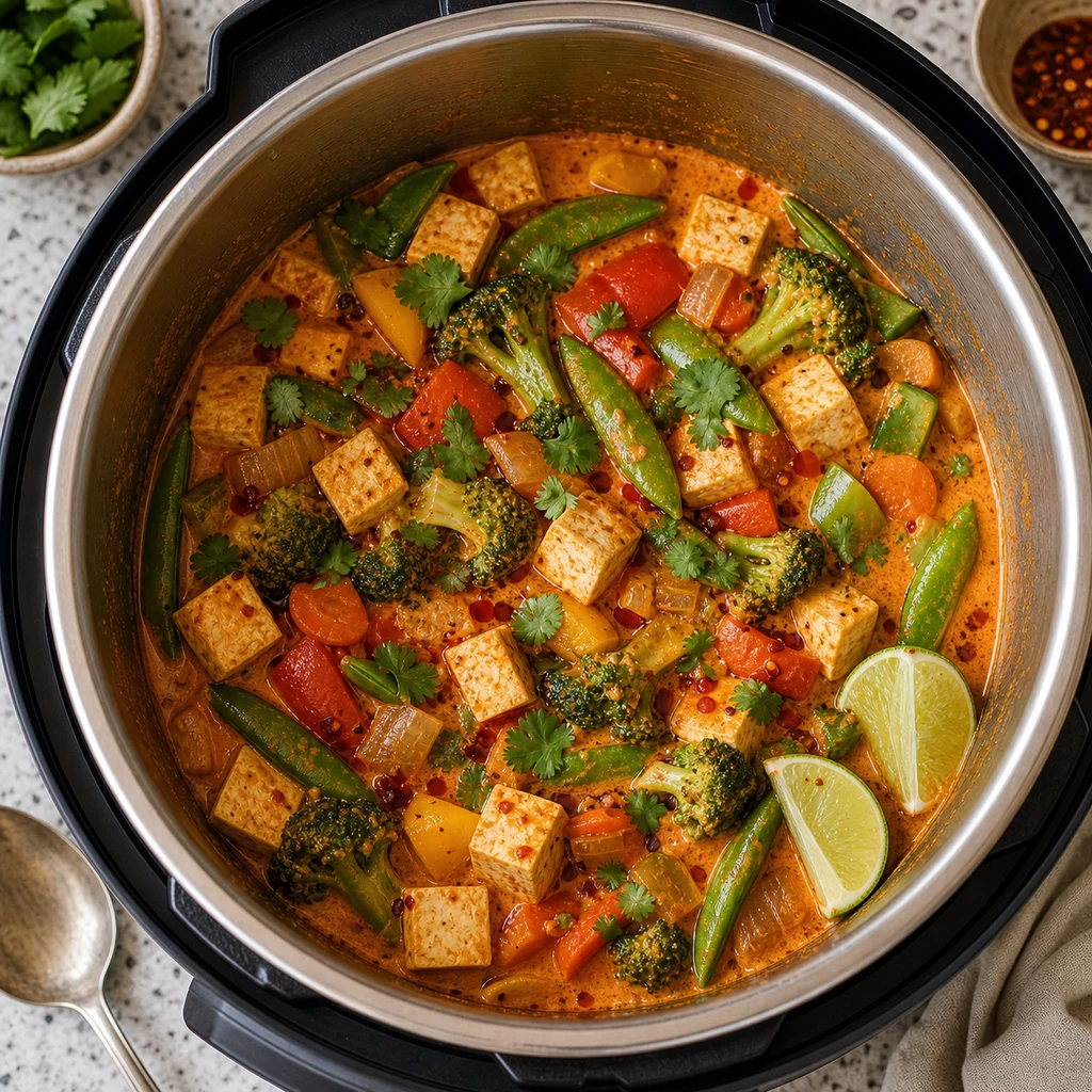 Instant Pot Spicy Tofu and Vegetable Curry cooking in the recommended pan or pot