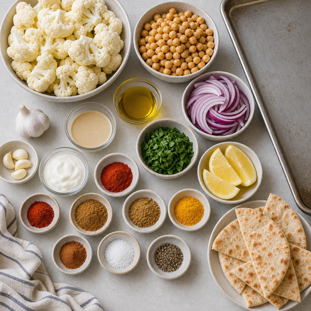 Ingredients for Sheet Pan Spiced Chickpea and Cauliflower Shawarma