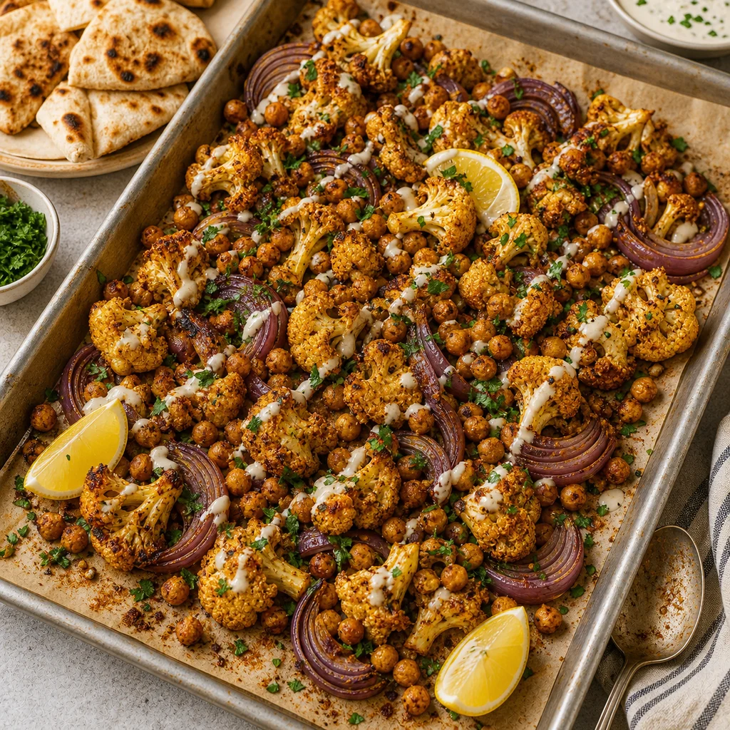 Sheet Pan Spiced Chickpea and Cauliflower Shawarma cooking in the recommended pan or pot