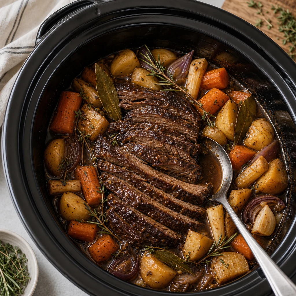 Slow Cooker Balsamic Beef Brisket with Root Vegetables cooking in the recommended pan or pot