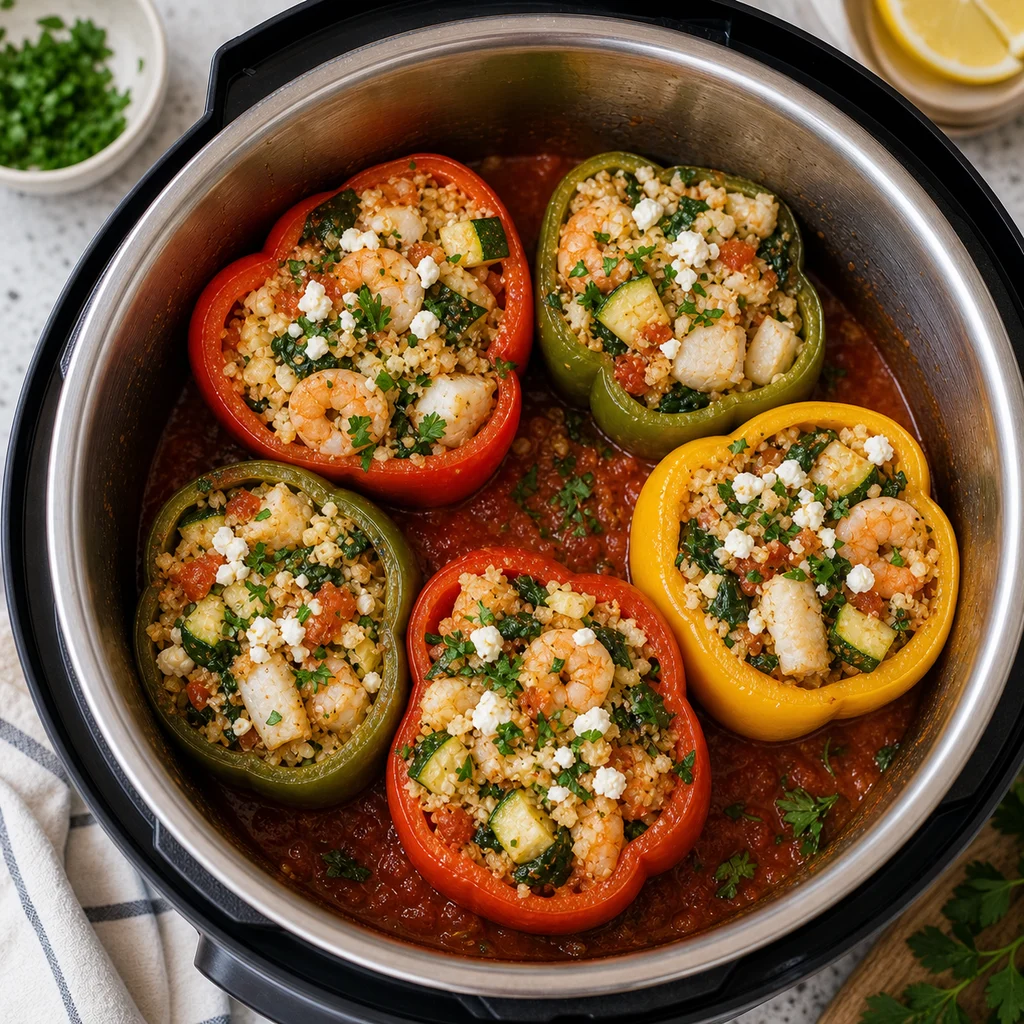 Instant Pot Low-Carb Pescatarian Stuffed Peppers cooking in the recommended pan or pot