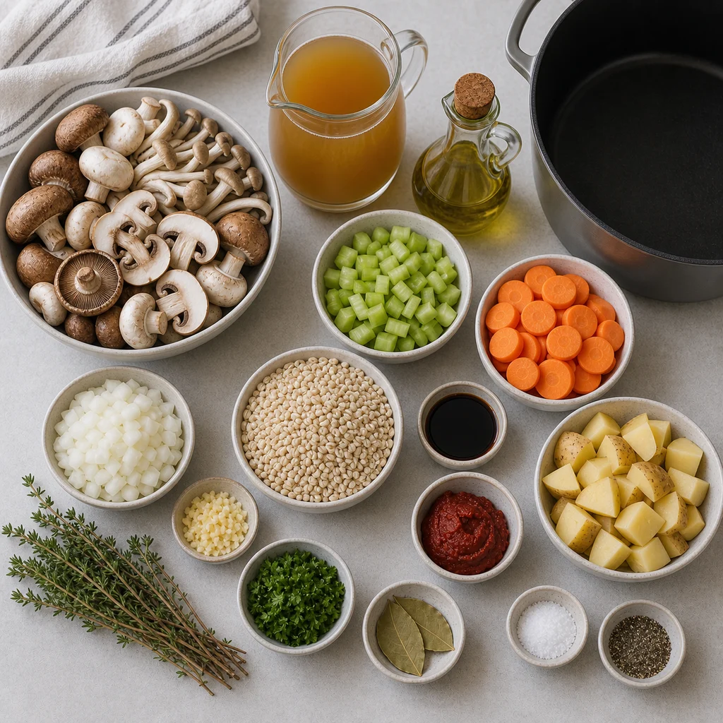 Ingredients for Hearty Vegan Mushroom and Barley Stew