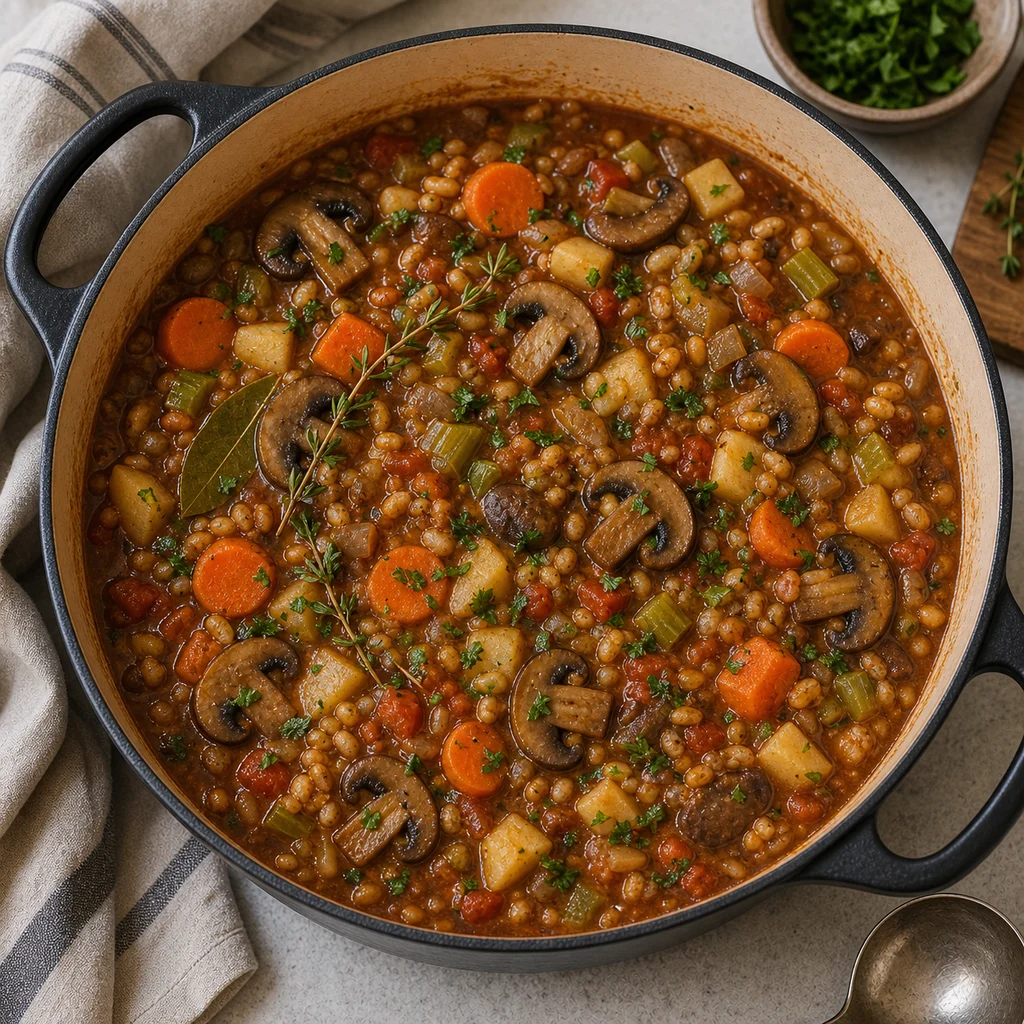 Hearty Vegan Mushroom and Barley Stew cooking in the recommended pan or pot