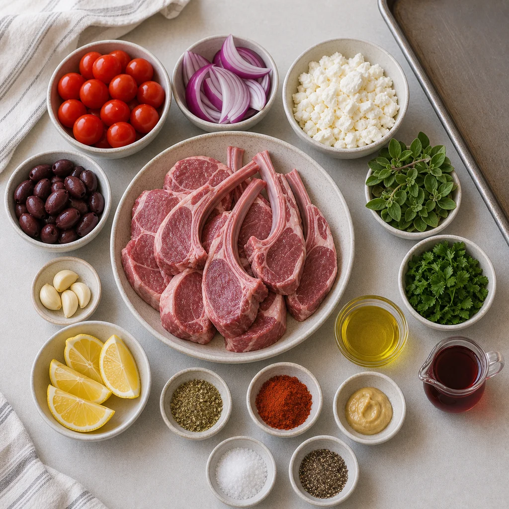 Ingredients for Sheet Pan Greek Lamb Chops with Roasted Tomatoes and Feta