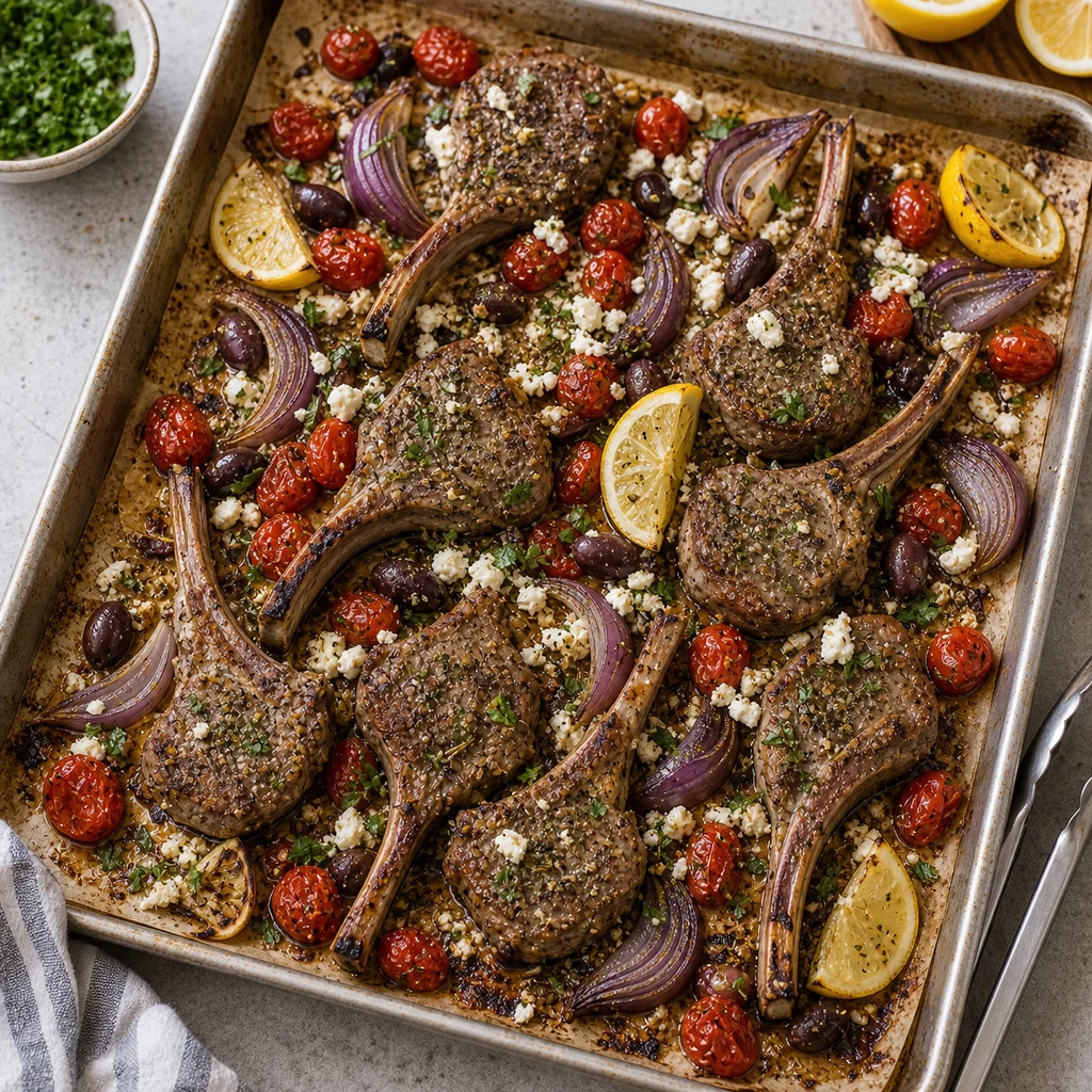 Sheet Pan Greek Lamb Chops with Roasted Tomatoes and Feta cooking in the recommended pan or pot