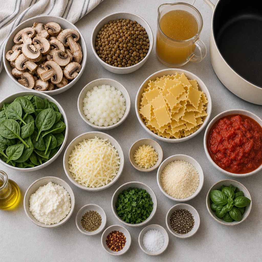 Ingredients for One-Pot Vegetarian Mushroom and Lentil Lasagna