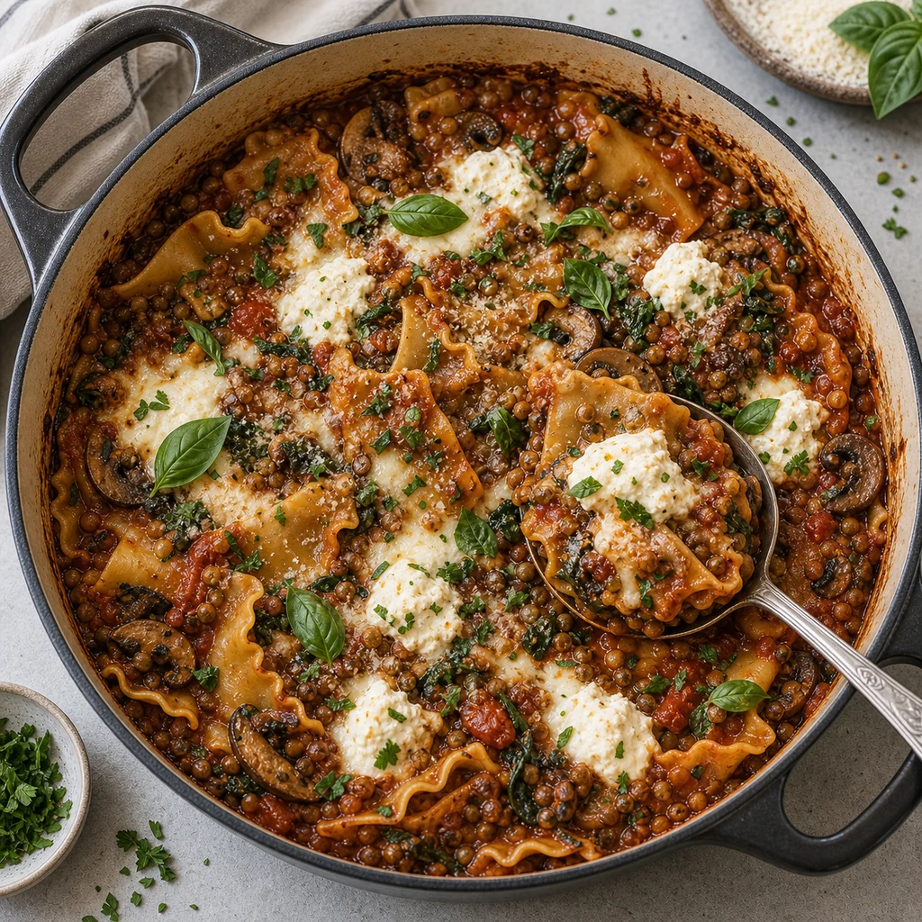 One-Pot Vegetarian Mushroom and Lentil Lasagna cooking in the recommended pan or pot