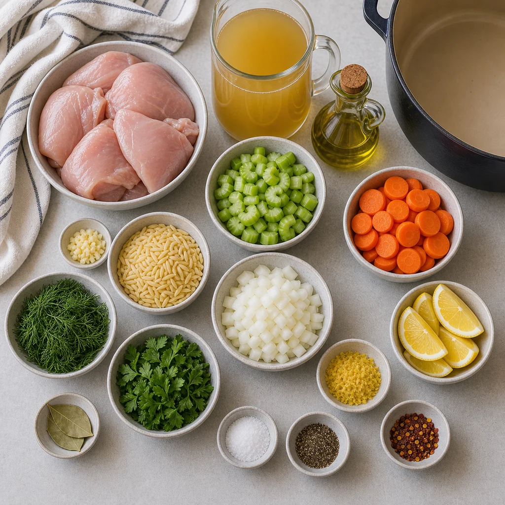 Ingredients for One-Pot Brothy Lemon Dill Chicken Soup