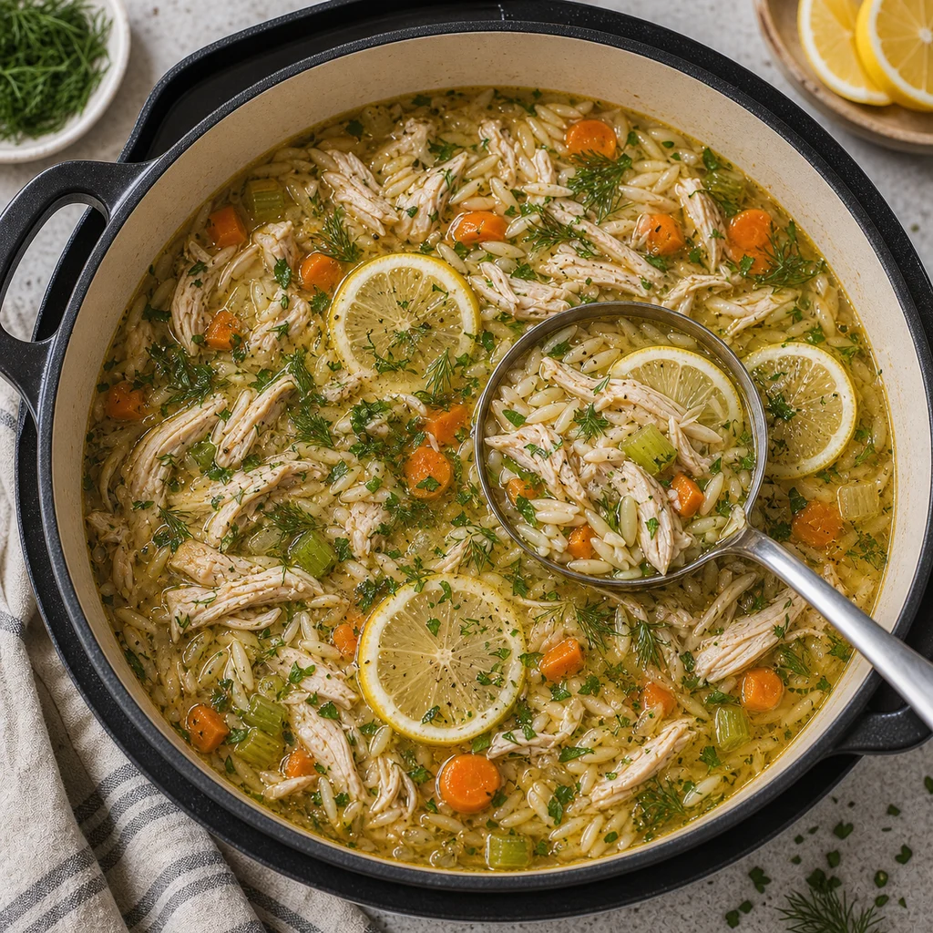One-Pot Brothy Lemon Dill Chicken Soup cooking in the recommended pan or pot