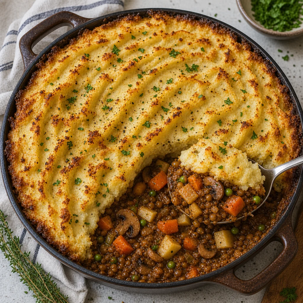 Hearty Cottage Pie with Lentils and Root Vegetables cooking in the recommended pan or pot
