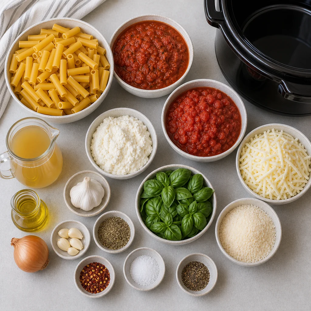 Ingredients for Slow Cooker Tomato Basil Baked Ziti Casserole