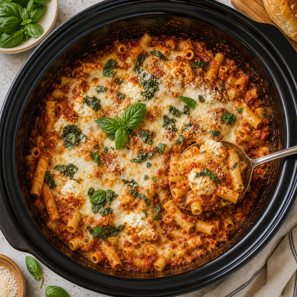 Slow Cooker Tomato Basil Baked Ziti Casserole cooking in the recommended pan or pot