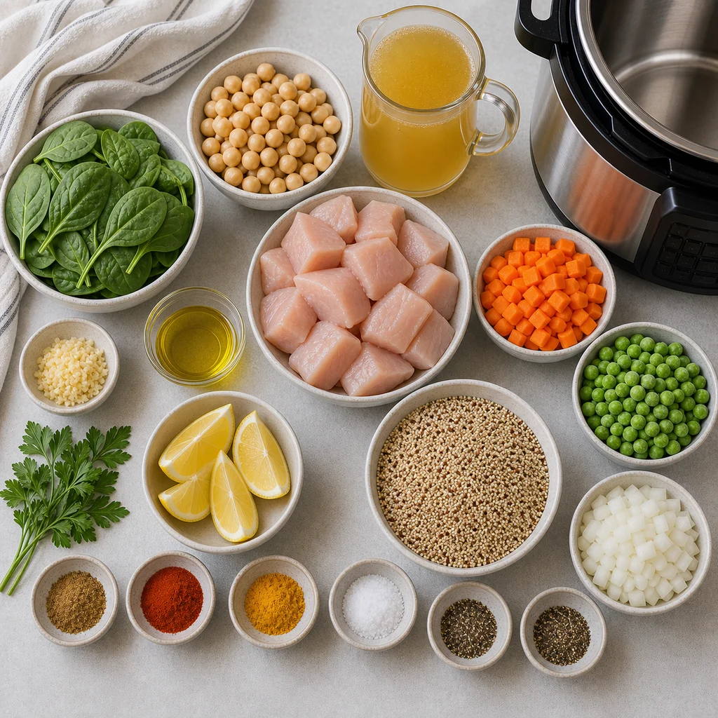 Ingredients for Instant Pot High-Protein Chicken and Quinoa Pilaf