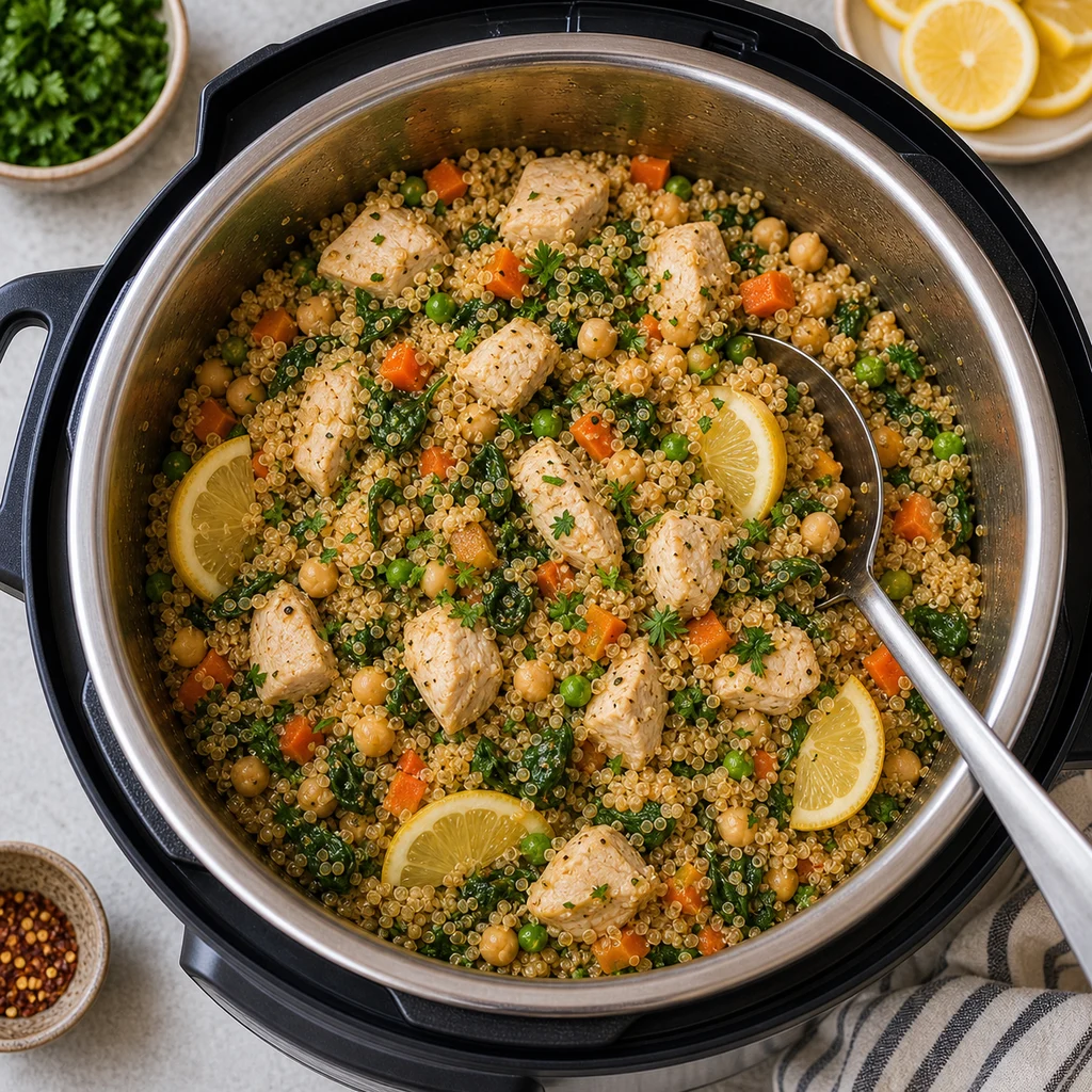 Instant Pot High-Protein Chicken and Quinoa Pilaf cooking in the recommended pan or pot