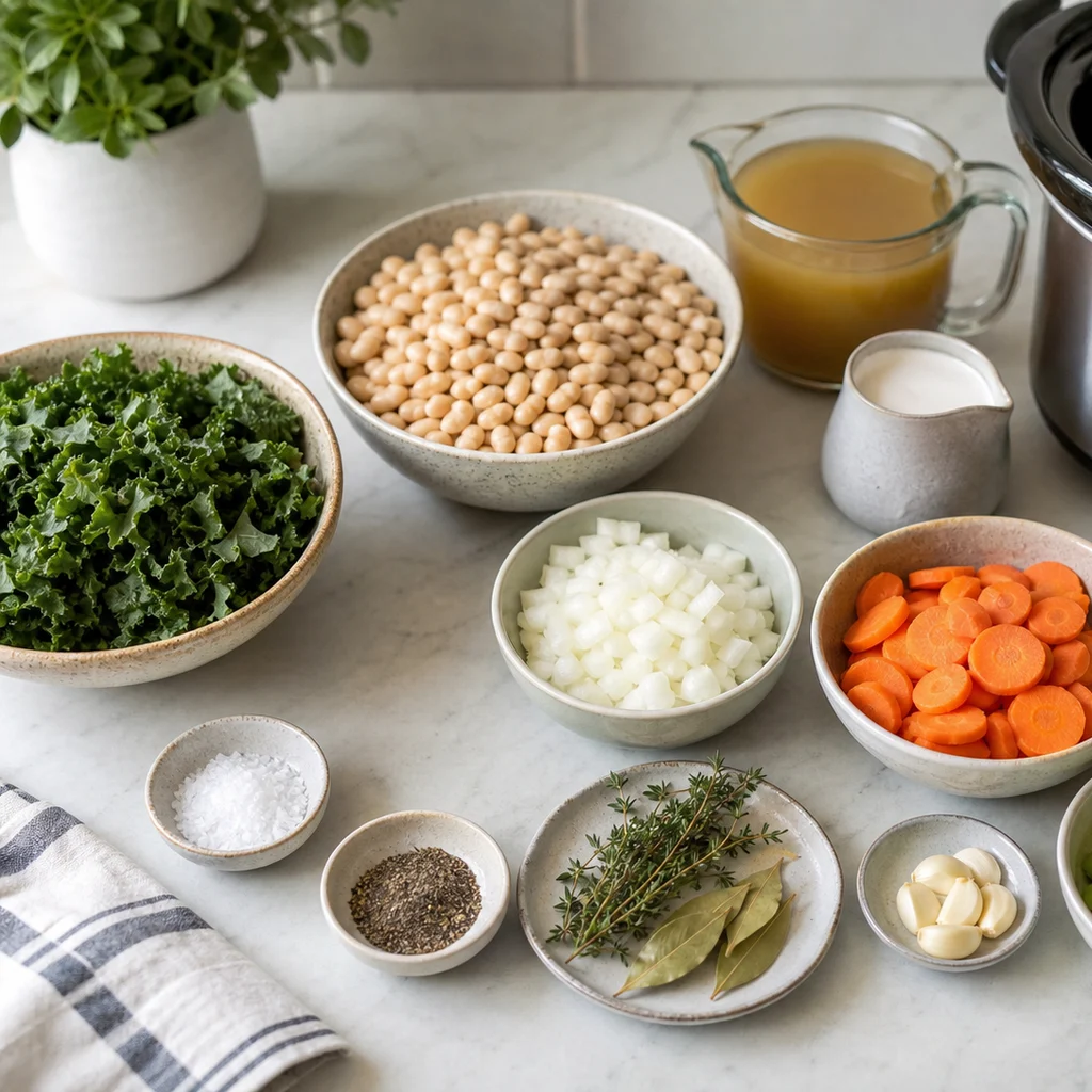 Ingredients for Slow Cooker Creamy White Bean and Kale Cassoulet