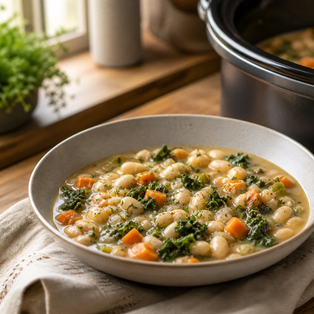 Slow Cooker Creamy White Bean and Kale Cassoulet cooking in the recommended pan or pot