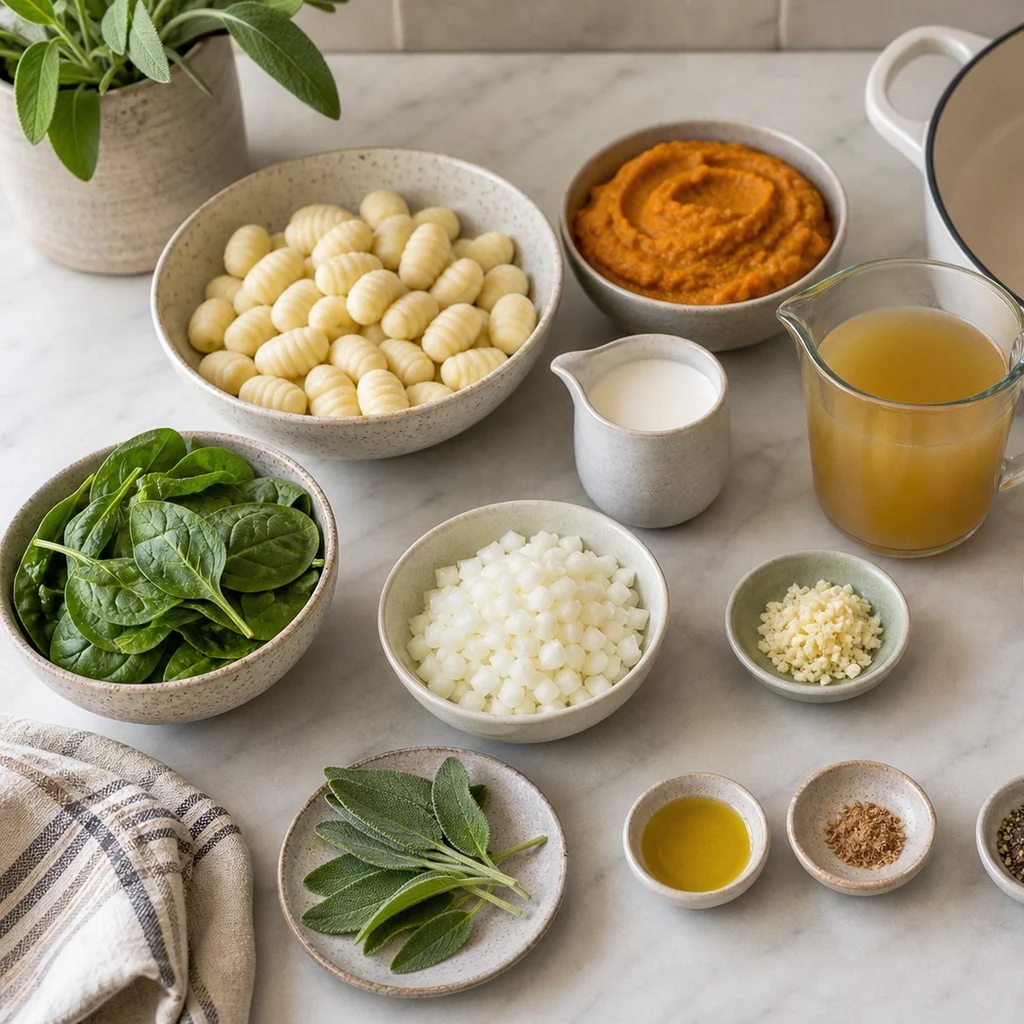 Ingredients for One-Pot Creamy Pumpkin Sage Gnocchi