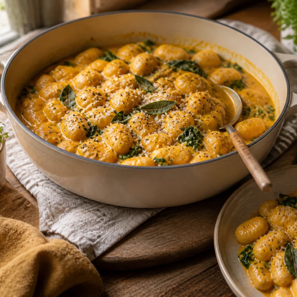 One-Pot Creamy Pumpkin Sage Gnocchi cooking in the recommended pan or pot