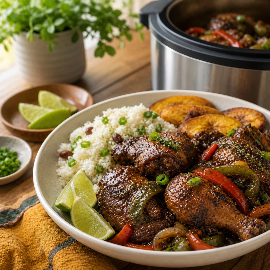 Instant Pot Caribbean Jamaican Jerk Chicken cooking in the recommended pan or pot