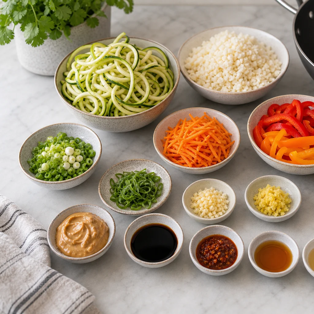 Ingredients for Low-Carb Zucchini and Cauliflower Rice Stir-Fry with Spicy Peanut Sauce