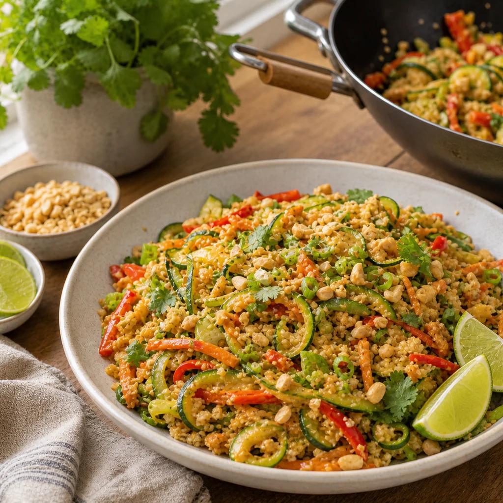 Low-Carb Zucchini and Cauliflower Rice Stir-Fry with Spicy Peanut Sauce cooking in the recommended pan or pot