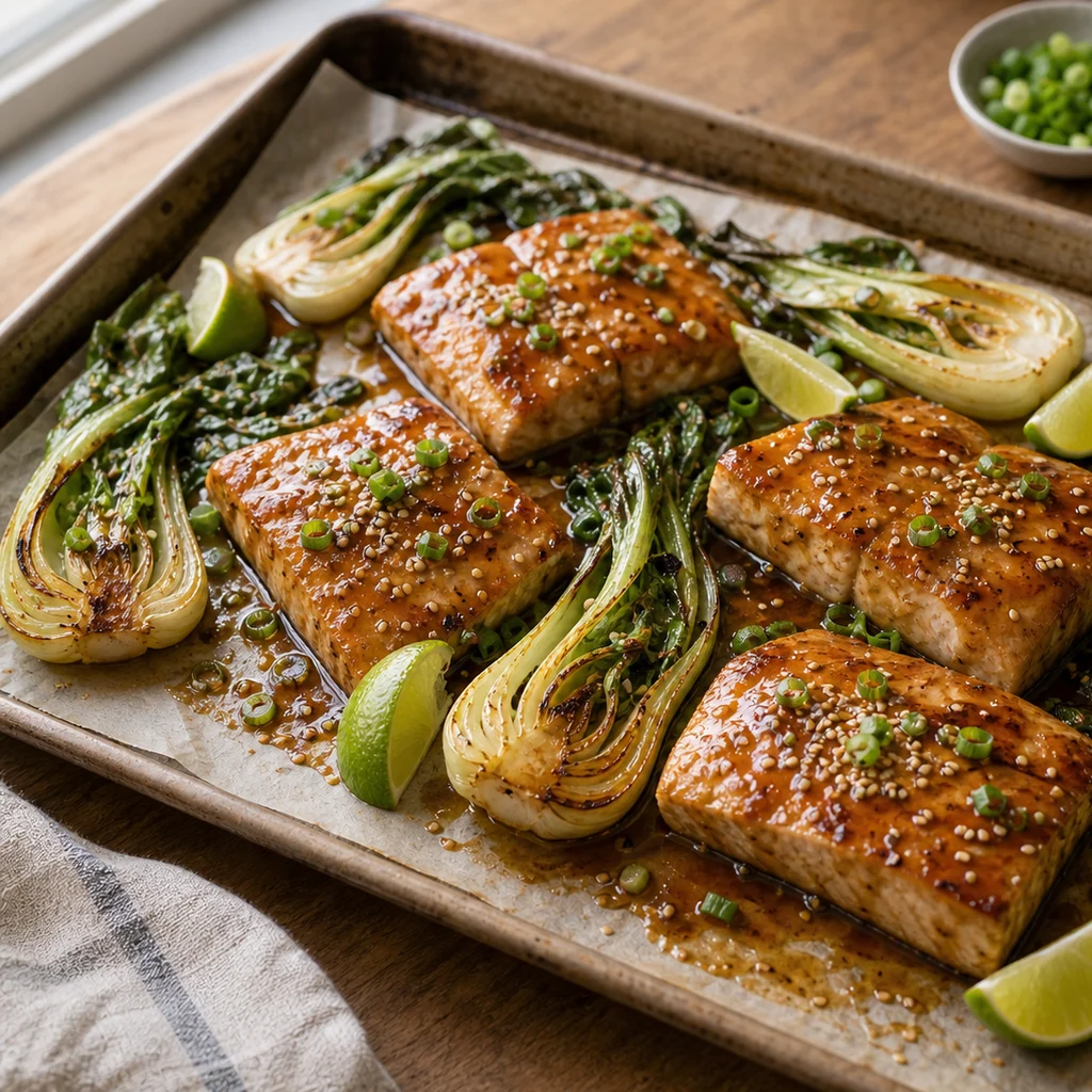 Sheet Pan Ginger-Soy Glazed Mahi Mahi with Roasted Bok Choy cooking in the recommended pan or pot