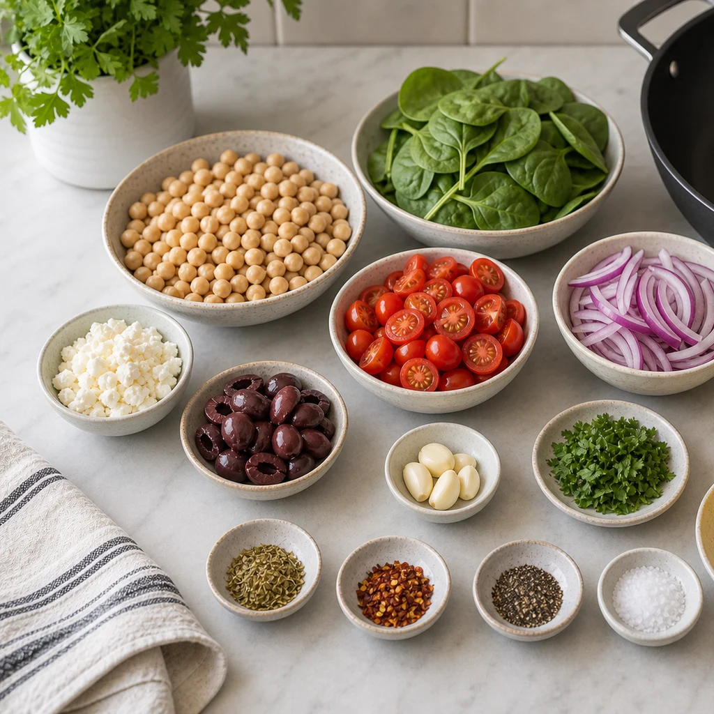 Ingredients for Skillet Mediterranean Chickpea and Spinach Sauté