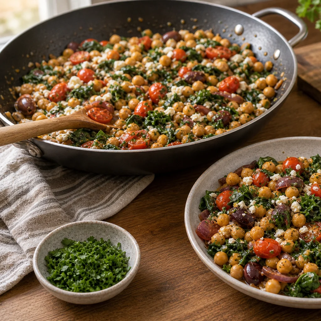 Skillet Mediterranean Chickpea and Spinach Sauté cooking in the recommended pan or pot