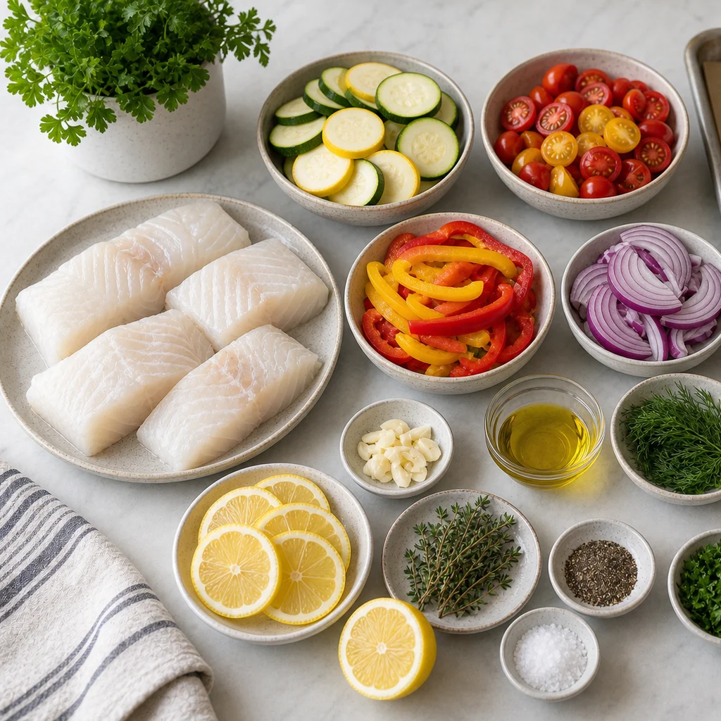 Ingredients for One-Pan Baked Lemon Herb Cod with Roasted Summer Vegetables