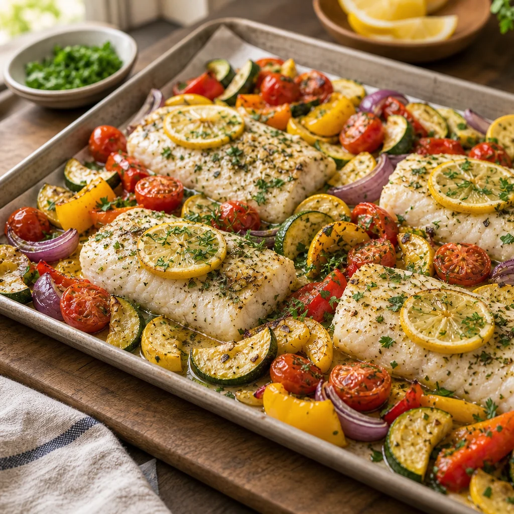 One-Pan Baked Lemon Herb Cod with Roasted Summer Vegetables cooking in the recommended pan or pot