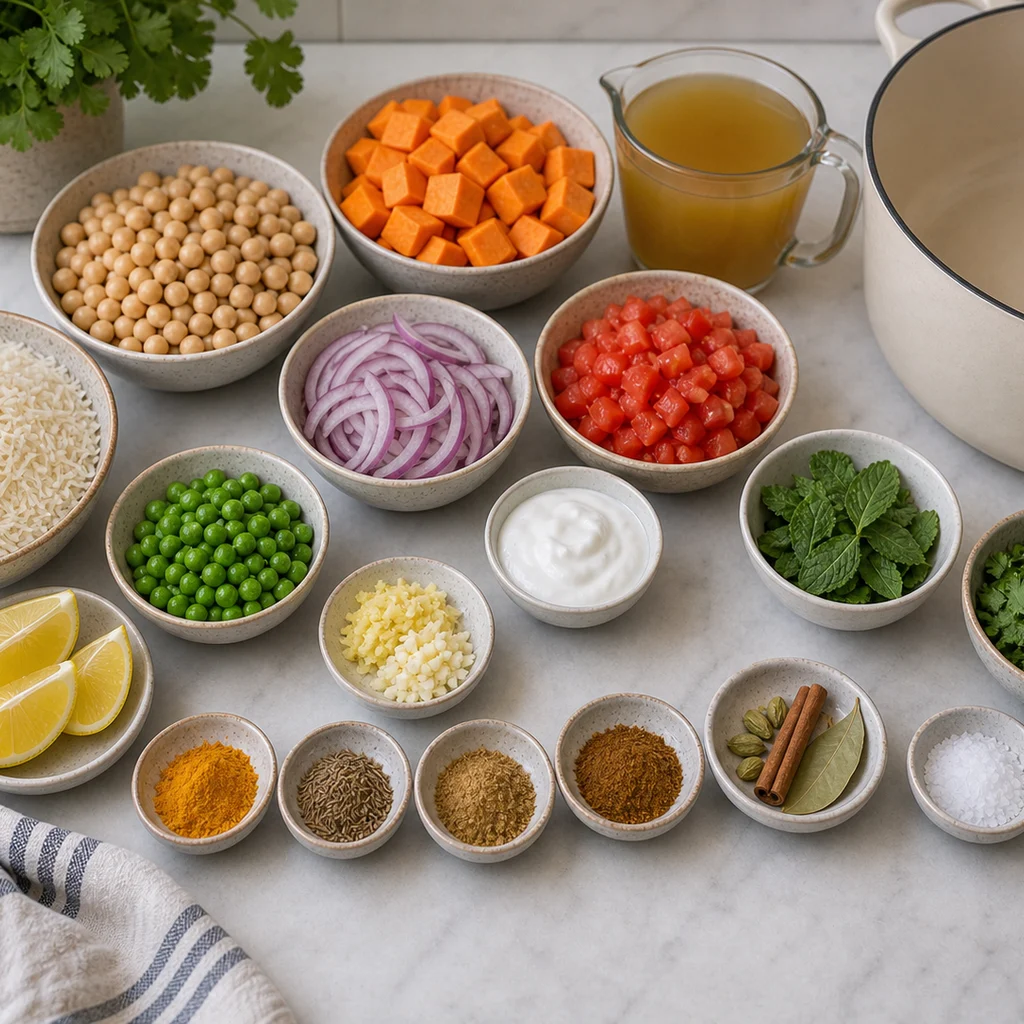 Ingredients for One-Pot Indian-Spiced Chickpea and Sweet Potato Biryani