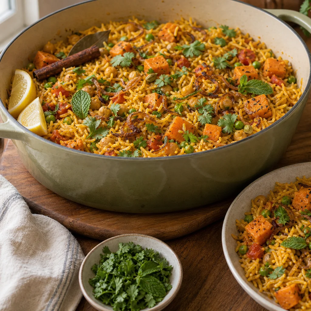 One-Pot Indian-Spiced Chickpea and Sweet Potato Biryani cooking in the recommended pan or pot