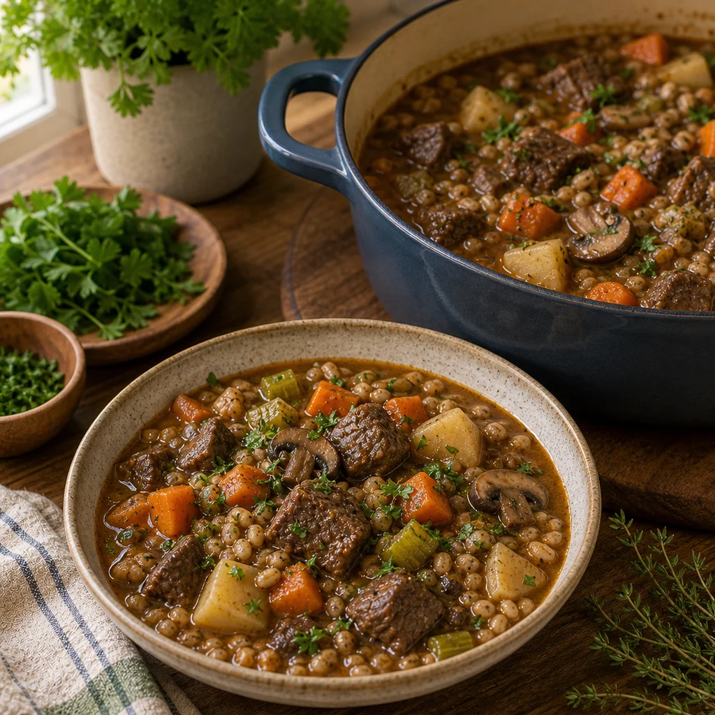 One-Pot Hearty Beef and Barley Stew cooking in the recommended pan or pot