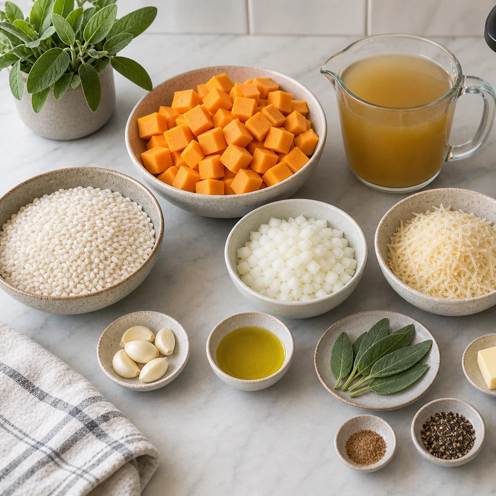 Ingredients for Instant Pot Creamy Butternut Squash and Sage Risotto
