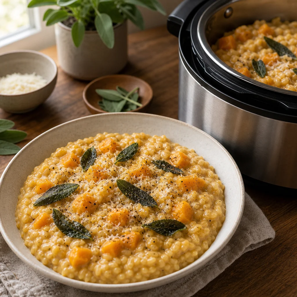 Instant Pot Creamy Butternut Squash and Sage Risotto cooking in the recommended pan or pot